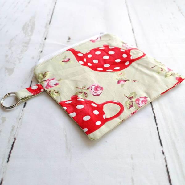 notions pouch made with spotted teapot fabric