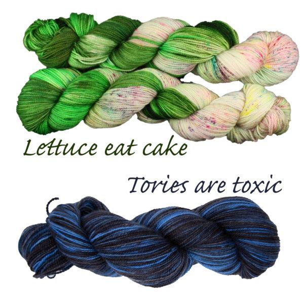 two skeins of Lettuce Eat Cake yarn and a skein of Tories are Toxic yarn