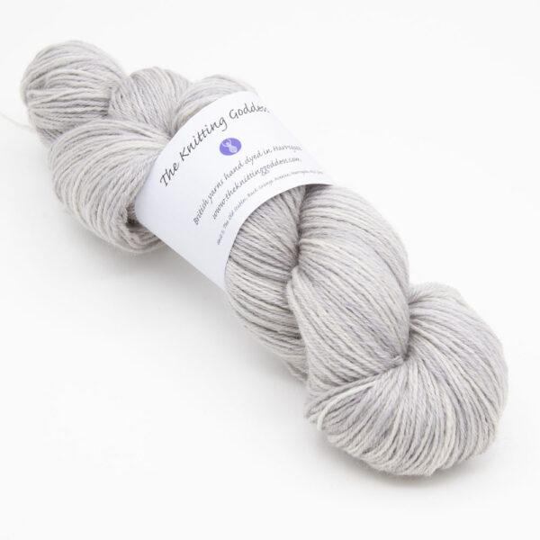 skein of pearl Bluefaced Leicester wool, The Knitting Goddess ball band