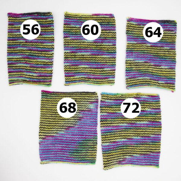 five swatches showing how black neon colourway knits on different numbers of stitches.Each swatch shows the number of stitches used.