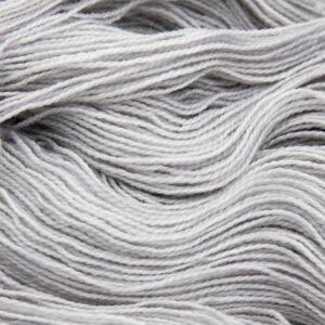 close up of silver grey Bluefaced Leicester and nylon yarn which has a high twist