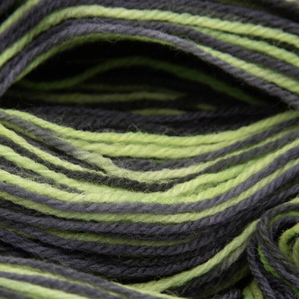 close up of toxic DK sock wool dyed in lime and black