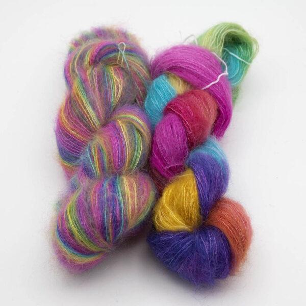 Fluffy moonbroch yarn dyed in rainbow colours. There are two skeins, reskeined to mix the colours, the other as dyed