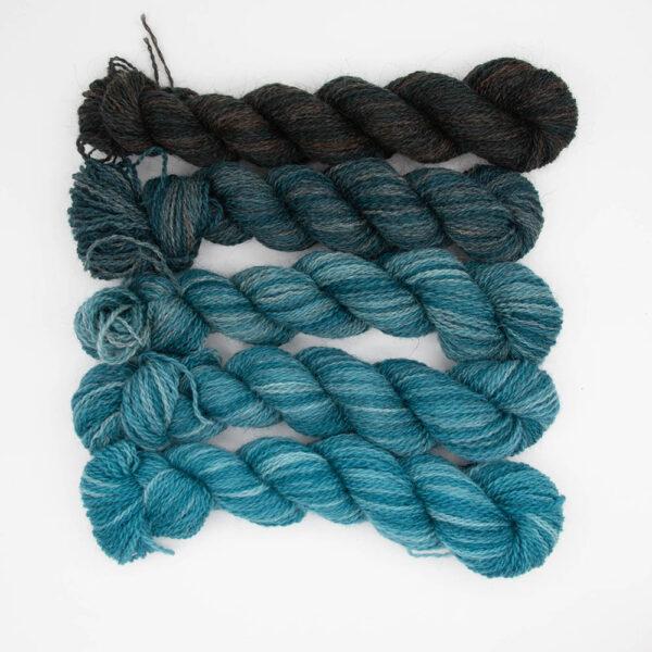 Set of five mine skeins in a turquoise gradient which starts as bright green and ends as black. Mini skeins are arranged in a row. Overhead view.