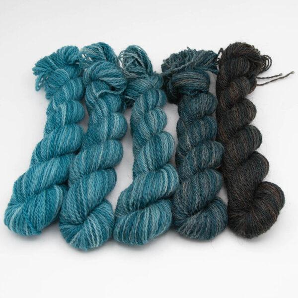 Set of five mine skeins in a turquoise gradient which starts as bright green and ends as black. Mini skeins are arranged in a row.