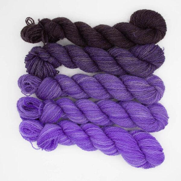 Set of five mine skeins in a turquoise gradient which starts as bright purple and ends as black. Mini skeins are arranged in a row. Overhead view.