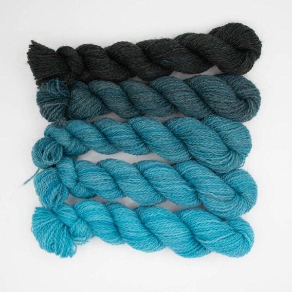 Set of five mine skeins in a turquoise gradient which starts as bright turquoise and ends as black. Mini skeins are arranged in a row and photographed from overhead.